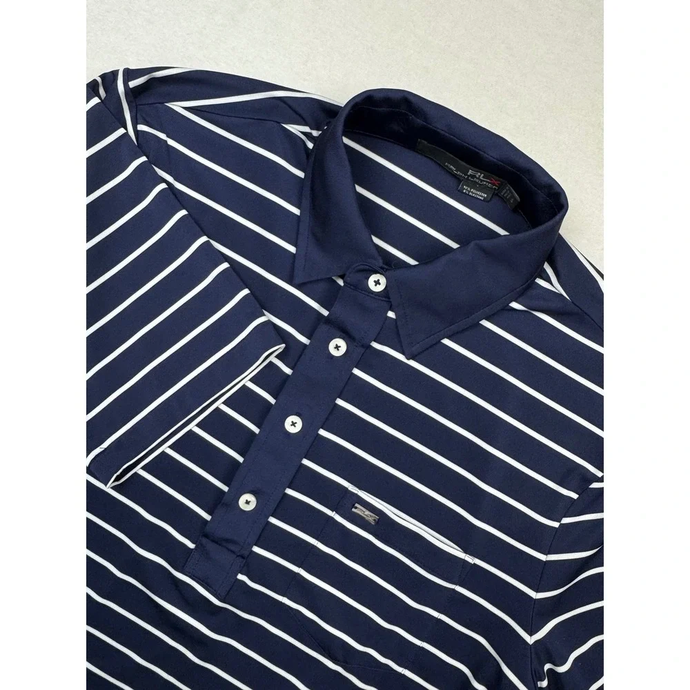 RLX Ralph Lauren Striped Polo Shirt Mens S Navy Blue White Golf Performance
